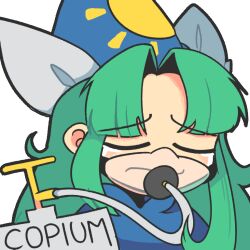  1girl blue_hat chibi closed_eyes copium_(meme) crying gas_cylinder green_hair hat meme mima_(touhou) oxygen_mask portrait sad slascoplerd solo sun_print tears touhou touhou_(pc-98) transparent_background 