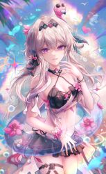 1girl absurdres bikini black_bikini blue_sky breasts chinese_commentary cloud commentary_request danli_suri grey_hair hair_intakes hair_ornament highres honkai_(series) honkai_impact_3rd innertube large_breasts long_hair looking_at_viewer navel official_alternate_costume parted_lips purple_eyes sky smile solo stomach swim_ring swimsuit thelema_nutriscu thigh_strap thighs 