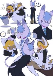  ! 1boy 1girl absurdres aggressive_retsuko amituoquian animal_ears black_pants black_suit blue_eyes blush broom brown_eyes bucket flying_sweatdrops formal_clothes furry furry_female furry_male glasses hetero highres jacket kneehighs long_sleeves open_mouth pants red_panda rubbing_eyes sitting socks spoken_exclamation_mark spoken_flying_sweatdrops suit tadano_(aggretsuko) tail tripping 