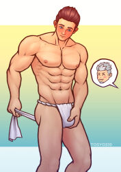  2boys abs artist_name bara beard biceps blue_eyes blush brown_hair bulge eddie_(gyee) facial_hair feet_out_of_frame fundoshi grey_hair gyee highres implied_yaoi japanese_clothes male_focus manly mature_male miles_(gyee) multiple_boys muscular muscular_male nose_blush pectorals short_hair signature simple_background tosyo510 