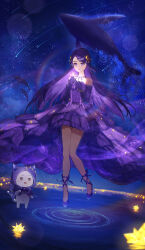 1girl absurdres ahoge animal ankle_ribbon bare_legs bare_shoulders bow bowtie cat cloak closed_mouth clothed_animal dress ear_covers elbow_gloves floating floating_clothes floating_hair frilled_dress frills full_body gloves gown hair_ornament highres holding holding_staff hood hood_up hooded_cloak infinity_nikki jewelry kohanai_setsuna lace lace-trimmed_gloves lace_trim leg_ribbon lens_flare light_blush long_dress long_hair meteor_shower momo_(nikki) necklace night night_sky nikki_(nikki) nikki_(series) purple_bow purple_bowtie purple_cloak purple_dress purple_eyes purple_gloves purple_hair purple_ribbon purple_shoes ribbon ripples shoes sky smile staff standing standing_on_liquid star_(sky) star_(symbol) star_hair_ornament star_necklace star_print star_sea_(nikki) starry_sky very_long_hair whale white_cat 
