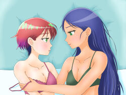  2girls amate_yuzuriha black_bra blush bra breasts cleavage closed_mouth commentary_request dress eye_contact green_bra green_eyes gundam gundam_gquuuuuux hand_on_another&#039;s_arm lalah_sune long_hair looking_at_another lying massa79 medium_breasts multiple_girls on_side parted_lips pink_bra purple_hair red_hair short_hair smile strap_slip underwear underwear_only yuri 