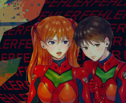  1boy 1girl adapted_costume artist_request black_hair blue_eyes blush bodysuit breasts cosplay crossdressing embarrassed hair_ornament ikari_shinji lips long_hair looking_at_another looking_at_viewer mecha_pilot_suit neon_genesis_evangelion open_mouth parted_lips plugsuit_(evangelion) red_bodysuit shiny_clothes shiny_skin short_hair skin_tight souryuu_asuka_langley souryuu_asuka_langley_(cosplay) trap two_side_up upper_body 