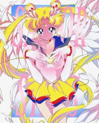  1990s_(style) 1girl absurdly_long_hair angel_wings anime_coloring bishoujo_senshi_sailor_moon bishoujo_senshi_sailor_moon_stars blonde_hair blue_background blue_eyes blue_sailor_collar border brooch choker closed_mouth collarbone copyright_name cowboy_shot crescent crescent_earrings crescent_facial_mark double_bun earrings elbow_gloves eternal_sailor_moon eyelashes facial_mark faux_retro_artstyle feathered_wings feathers floating_clothes floating_earrings floating_hair forehead_mark gloves glowing hair_bun hair_ornament heart heart_brooch heart_choker highres honeymoonpetal jewelry leotard light_particles long_hair miniskirt official_style outside_border parted_bangs pleated_skirt puffy_short_sleeves puffy_sleeves red_choker retro_artstyle sailor_collar sailor_moon short_sleeves skirt sleeved_leotard smile solo spread_wings standing star_(symbol) star_earrings tareme thighs tsukino_usagi very_long_hair white_border white_gloves white_leotard white_wings wings yellow_brooch yellow_skirt 