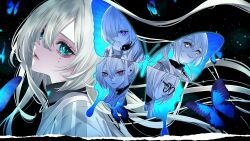 5girls aqua_eyes bug butterfly collar glasses green_eyes highres insect jacket key_visual long_hair looking_at_viewer multiple_girls multiple_persona multiple_views official_art promotional_art purple_eyes red_eyes sofia_(sofia_wa_uso) sofia_wa_uso_to_hikikae_ni upper_body white_hair white_jacket yellow_eyes 