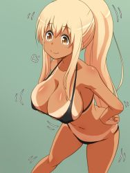  1girl ass awa bikini_tan blonde_hair breasts butt_crack cleavage closed_mouth hair_between_eyes hands_on_own_hips high_ponytail large_breasts long_hair navel ponytail simple_background smile solo sunohara_nana sunoharasou_no_kanrinin-san swimsuit tan tanline thighs yellow_eyes 
