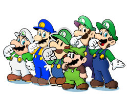 artist_request bad_id bad_pixiv_id black_hair blue_eyes brown_hair chibi facial_hair hat highres luigi mario_&amp;_luigi_rpg mario_(series) mario_bros. mustache nintendo nose_rub overalls paper_mario rukisan_1117 shirt shoes smile super_mario_bros.:_peach-hime_kyushutsu_dai_sakusen! super_mario_bros._1 