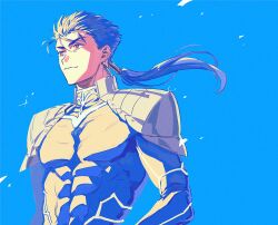  1boy abs armor asymmetrical_hair blue_bodysuit blue_hair bodysuit cu_chulainn_(fate) earrings fate/grand_order fate/stay_night fate_(series) haiiro_(haiiro_x2) hair_ornament highres jewelry long_hair low_ponytail male_focus muscular muscular_male pauldrons pectorals ponytail red_eyes shoulder_armor solo upper_body wind  rating:General score:3 user:Menace5