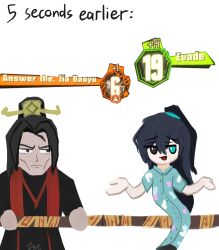  2boys anatomical_nonsense black_eyes black_hair black_pants black_robe blue_eyes blue_hairband commentary english_commentary english_text gameplay_mechanics hairband heterochromia high_ponytail highres hong_lu_(project_moon) jia_qiu_(project_moon) limbus_company multiple_boys painting_(medium) pants ponytail project_moon red_sash robe sash senlidoesstuff shrugging simple_background tingtang_gang_(identity)_(project_moon) traditional_media white_background xiao_guan_(headdress) 