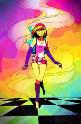  1girl backpack bag bandaged_arm bandages barefoot beanie belt blonde_hair bong breasts kneehighs cannabis_print celix1 charm_(object) checkered_floor cleavage colorful_background fingerless_gloves freckles_on_legs freckles_on_thighs gloves happy hat highres keys mid-stride neon_palette opera_gloves original pill_bottle red_eyes shirt short_hair small_breasts smile smoke smoke_trail solo_focus sunset tank_top thigh_gap thighs tiptoes utility_belt white_shirt  rating:General score:1 user:Solarwagon