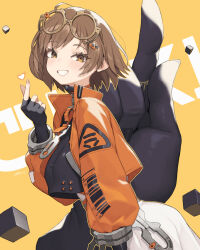  1girl black_gloves breasts brown_eyes brown_hair chinese_commentary cloba commentary_request eyewear_on_head fingerless_gloves fingernails glasses gloves grin hair_ornament hairclip heart highres jacket long_sleeves looking_at_viewer medium_breasts orange_jacket qianqiu_(xinyue_tongxing) round_eyewear short_hair smile solo xinyue_tongxing 