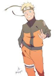  1boy blonde_hair blue_eyes forehead_protector grin hand_in_pocket jacket long_sleeves looking_at_viewer male_focus naruto_(series) naruto_shippuuden ninja orange_jacket orange_pants pants simple_background smile solo spiked_hair teeth uzumaki_naruto w white_background zifletts 