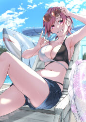  1girl absurdres adjusting_eyewear armpit_crease armpits bikini blue_sky breasts chair cleavage clenched_teeth cloud collarbone commentary_request denim denim_shorts earclip earrings feet_out_of_frame food heart heart-shaped_eyewear hebizono_kyouko highres holding holding_food holding_popsicle inflatable_shark inflatable_toy innertube jewelry kamikakushi_no_eden large_breasts looking_at_viewer lounge_chair mole mole_on_breast mole_on_neck mole_on_thigh mole_under_eye mole_under_mouth multicolored_bikini navel outdoors panties panty_peek pink_eyes pink_hair pinky_out pool poolside popsicle reclining sahara386 short_hair_with_long_locks short_shorts shorts sky sling_bikini_top slit_pupils smile solo stud_earrings sunglasses swim_ring swimsuit teeth thighs two-tone_bikini underwear water_slide 