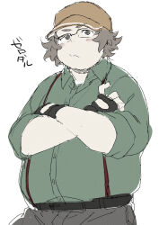  1boy belt black_gloves brown_hat buttons closed_mouth collared_shirt fingernails gloves green_shirt hashida_itaru hat looking_at_viewer male_focus plump purasu_no_konbu rectangular_eyewear shirt short_hair simple_background solo steins;gate suspenders translation_request white_background 