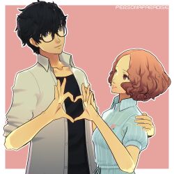  1boy 1girl absurdres amamiya_ren artist_name black_hair commentary commission english_commentary fluffy_hair glasses hand_on_another&#039;s_shoulder heart heart_hands heart_hands_duo highres looking_at_another okumura_haru persona persona_5 personaparadise pink_background pink_hair shirt simple_background smile white_shirt 