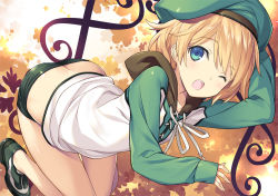 1girl :o asakura_hikaru ass bachelor baldr_(series) baldr_force bent_over beret blonde_hair blue_eyes blush butt_crack collarbone green_footwear green_hat green_shorts hat hood hoodie kikuchi_seiji long_sleeves one_eye_closed open_hand shorts sleeves_past_wrists smile solo rating:Sensitive score:6 user:danbooru