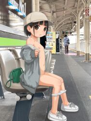  1girl anda_(pennyroyal_tea) bag bench black_hair blunt_bangs blush bob_cut bottomless breasts brown_eyes cape clothes_lift embarrassed exhibitionism female_focus flashing highres lifting_own_clothes loli looking_at_viewer navel nipples onodera_sayaka original panties panties_around_leg panty_pull public_indecency shoes sitting small_breasts sneakers station striped_clothes train_station train_station_platform underwear vending_machine 