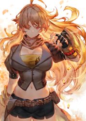  1girl ahoge belt black_shorts blazer breasts brown_belt buckle cleavage commentary cowboy_shot facing_viewer female_focus fingerless_gloves gloves hair_over_eyes hair_over_one_eye hand_up highres izumi_sai jacket large_breasts long_hair midriff navel one_eye_covered puffy_short_sleeves puffy_sleeves red_eyes rwby scarf shell_casing short_shorts short_sleeves shorts smoke smoke_trail solo thighs vambraces waist_cape wavy_hair yang_xiao_long  rating:Sensitive score:33 user:danbooru