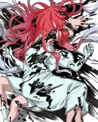  2girls alien_stage black_blood blood commentary dress elbow_gloves english_commentary gloves hair_spread_out highres kuradrawings long_dress long_hair lying lying_on_person mizi_(alien_stage) multiple_girls on_side pink_hair sleeveless sleeveless_dress sua_(alien_stage) white_gloves 