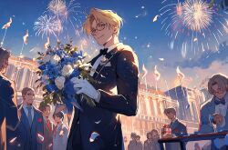  6+boys ahoge alcohol america_(hetalia) axis_powers_hetalia back black-framed_eyewear black_bow black_bowtie black_eyes black_hair black_jacket black_pants blonde_hair blood blood_from_mouth blue_bow blue_bowtie blue_eyes blue_flower blue_jacket blue_necktie blue_sky blue_vest bouquet bow bowtie box brown_hair building buttons canada_(hetalia) china_(hetalia) closed_eyes closed_mouth collared_shirt cowboy_shot cup drinking_glass en_llll evening fireworks flower formal_clothes france_(hetalia) germany_(hetalia) gift gift_box glasses gloves green_eyes grey_hair grey_jacket grey_scarf highres holding holding_bouquet holding_box hong_kong_(hetalia) jacket japan_(hetalia) lapels lithuania_(hetalia) long_hair long_sleeves looking_at_another looking_at_viewer low_ponytail male_focus multiple_boys necktie no_eyes northern_italy_(hetalia) open_clothes open_jacket outdoors pants petals ponytail red_necktie red_ribbon ribbon rose russia_(hetalia) scarf semi-rimless_eyewear shirt short_hair sitting sky smile standing suit suit_jacket table teeth united_kingdom_(hetalia) vest white_flower white_gloves white_rose white_shirt wine 