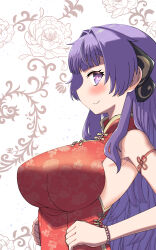  1girl alternate_costume blush china_dress chinese_clothes closed_mouth dress highres indie_virtual_youtuber looking_at_viewer nocturnal_demon otsuka_ray purple_eyes purple_hair red_dress sidelocks sleeveless sleeveless_dress smile solo virtual_youtuber 