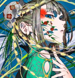  1girl 1other animal_request bird blue_background blue_eyes branch chain close-up clothing_cutout colorful commentary_request earrings facial_tattoo fingernails floral_print flower from_below from_side grass green_shirt grey_hair hair_bun highres jewelry long_fingernails looking_at_viewer looking_down mika_pikazo multicolored_eyes original parted_lips patterned_clothing patterned_hair portrait shirt shoulder_cutout sidelocks tall_grass tattoo white_bird 