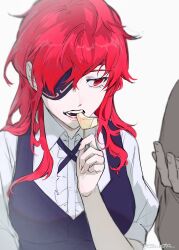  1girl apple apple_slice artist_name black_vest breasts eating esu_kota eyepatch food food_bite frilled_shirt frilled_shirt_collar frills fruit hand_up highres holding holding_food hwa_ryun lips long_hair looking_at_another one_eye_covered open_mouth original red_eyes red_hair shirt solo teeth tower_of_god vest white_background white_shirt 