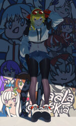 1girl adjusting_eyewear against_wall airani_iofifteen airani_iofifteen_(1st_costume) alternate_costume anya_melfissa anya_melfissa_(1st_costume) arm_up asymmetrical_sidelocks ayunda_risu ayunda_risu_(1st_costume) black-framed_eyewear black_gloves black_hoodie black_pantyhose blonde_hair blue_shorts bow breasts character_name chibi closed_mouth commentary commission crop_top crop_top_overhang cropped_hoodie day denim denim_shorts double-parted_bangs drawstring english_commentary eyebrows_hidden_by_hair eyewear_on_head fishnet_top fishnets full_body fur-trimmed_hood fur_trim gloves graffiti groin hair_between_eyes hair_bow hair_flaps hairband half-closed_eyes hand_on_own_thigh high_tops highres hololive hololive_indonesia hood hood_down hoodie kaela_kovalskia karassawa knees kobo_kanaeru kobo_kanaeru_(1st_costume) kureiji_ollie kureiji_ollie_(1st_costume) leaning_back long_eyelashes long_hair long_sleeves looking_at_viewer midriff moona_hoshinova moona_hoshinova_(1st_costume) narrowed_eyes navel open_fly outdoors pantyhose pavolia_reine pavolia_reine_(1st_costume) puffy_long_sleeves puffy_sleeves raised_eyebrows red-tinted_eyewear red_bow red_eyes red_gloves red_hairband shade shadow shoe_soles shoes short_shorts shorts sleeve_zipper sneakers solo standing stomach streetwear sunglasses sunlight thick_eyelashes thighs thumb_in_pocket tinted_eyewear toned toned_female tsurime two-tone_gloves two-tone_hoodie unbuttoned v-shaped_eyebrows vestia_zeta vestia_zeta_(1st_costume) virtual_youtuber wavy_hair white_hoodie white_shoes zipper zipper_pull_tab