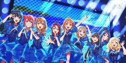  6+girls absurdres ahoge aqours_finale_lovelive!_~eikyuu_stage~ belt belt_buckle black_hair blonde_hair blue_hair braid brown_hair buckle concert confetti dress everyone from_behind from_side fujimaru_nrun grey_hair highres jewelry kunikida_hanamaru kurosawa_dia kurosawa_ruby laughing long_hair looking_at_another looking_at_viewer loose_clothes love_live! love_live!_sunshine!! matsuura_kanan multiple_belts multiple_girls necklace ocean ohara_mari one_eye_closed open_mouth pink_hair purple_hair reaching red_eyes red_hair sakurauchi_riko salute screen short_hair sky stage takami_chika tears thighs tsushima_yoshiko watanabe_you water waving wavy_hair 