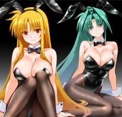  2girls black_bow black_bowtie black_leotard black_pantyhose blonde_hair bow bowtie breasts cleavage engo_(aquawatery) facial_mark fate_testarossa forehead_mark green_eyes green_hair hair_intakes large_breasts leotard lindy_harlaown long_hair lyrical_nanoha mature_female mother_and_daughter multiple_girls pantyhose playboy_bunny red_eyes 
