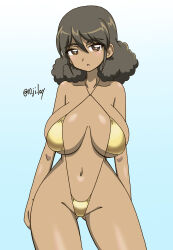  10_ji_lay 1girl bikini blue_background blush breasts breasts_apart brown_eyes brown_hair collarbone girls_und_panzer gold_bikini large_breasts looking_at_viewer navel open_mouth signature simple_background solo swimsuit viridiana_(girls_und_panzer)  rating:Sensitive score:5 user:tanaab1234567890