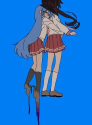  2girls ahoge black_socks blue_background blue_hair facing_away floating_hair from_side full_body green_eyes half-closed_eyes highres hiiragi_kagami hug hug_from_behind izumi_konata kneehighs konokawa long_hair long_sleeves looking_to_the_side lucky_star melting multiple_girls pleated_skirt purple_hair ryouou_school_uniform school_uniform serafuku shade shirt simple_background skirt socks twintails very_long_hair white_shirt white_socks  rating:General score:12 user:danbooru