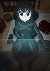  1girl absurdres backpack bag black_bodysuit black_hair blue_eyes bodysuit bookshelf box breasts chair commentary_request computer_mouse covered_erect_nipples door fingering fingering_through_clothes full_body highres latex latex_bodysuit long_hair motion_blur motion_lines office_chair open_mouth original rug shiny_clothes sitting skin_tight small_breasts solo swivel_chair tamakko through_clothes when_you_see_it x-ray  rating:Explicit score:20 user:danbooru