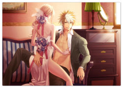  1boy 1girl ass backless_outfit bare_back bare_shoulders blonde_hair couple flower from_behind hand_on_own_ass hetero mirror multicolored_hair open_clothes open_shirt original purple_flower purple_rose room rose shirt sitting thighs two-tone_hair white_flower white_rose yamada_rokkaku  rating:Sensitive score:30 user:danbooru
