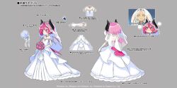  2girls blush bouquet bridal_veil bride character_request commentary_request concept_art disgaea disgaea_rpg dress flat_chest flower full_body harada_takehito horns multiple_girls multiple_views official_art pink_eyes pink_hair raspberyl short_hair translation_request veil wedding_dress 
