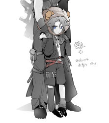  2boys absurdres aged_down belt black_boots black_cape black_gloves black_jacket black_pantyhose black_shoes black_shorts black_sleeves blue_eyes boots brown_belt cape chain chain_necklace child cloud_strife crossed_belts final_fantasy final_fantasy_vii final_fantasy_vii_advent_children final_fantasy_viii fur-trimmed_jacket fur_trim furrowed_brow gloves hands_on_another&#039;s_shoulders head_out_of_frame highres jacket jewelry lily_(shio1006) lion_hood loose_socks male_focus multiple_belts multiple_boys necklace pantyhose parted_bangs pout scar scar_on_face scar_on_forehead shirt shoes short_hair shorts single_sleeve socks squall_leonhart standing thigh_strap twitter_username waist_cape white_background white_fur white_shirt 