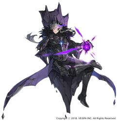  1boy armor aura black_armor black_horns chase_(king&#039;s_raid) clawed_gauntlets commentary crossed_legs dark_aura frown full_body fur-trimmed_armor fur_trim glowing glowing_eye grey_eyes grey_hair highres horns hwansang_jungdog king&#039;s_raid leg_up looking_at_viewer official_art short_hair simple_background sitting sitting_on_throne solo spiked_armor throne white_background 