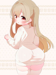  1girl ass blush breasts brown_hair dress from_behind long_hair long_sleeves looking_at_viewer looking_back medium_breasts minagi_koharu open_mouth r245 red_eyes slow_loop standing thick_thighs thighhighs thighs twintails white_background white_dress white_thighhighs wide_hips 