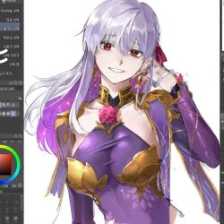  1girl art_program_in_frame breasts colored_inner_hair earrings fate/grand_order fate_(series) flower hair_ribbon jewelry kama_(fate) kama_(second_ascension)_(fate) large_breasts long_hair looking_at_viewer multicolored_hair open_mouth potato_goril purple_hair red_eyes ribbon see-through_cleavage see-through_clothes simple_background smile solo upper_body white_background 