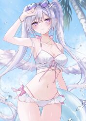  1girl arm_up bikini blue_sky blush bracelet breasts cleavage closed_mouth collarbone commentary_request cowboy_shot day ear_piercing eyewear_on_head front-tie_bikini_top front-tie_top grey_hair heart heart-shaped_eyewear highres jewelry klee-on long_hair looking_at_viewer navel original outdoors piercing purple_eyes sky smile solo sunglasses swimsuit twintails very_long_hair white_bikini 