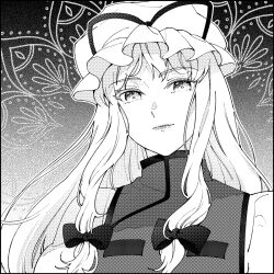  1girl bow commentary gradient_background greyscale hair_bow hair_ribbon hat hat_ribbon konruri_blue long_hair looking_at_viewer low-tied_sidelocks mandarin_collar mob_cap monochrome petal_print ribbon screentones sidelocks solo tabard touhou tress_ribbon trigram yakumo_yukari 