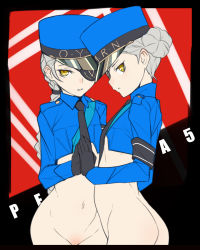  10s 2girls ass bad_id bad_pixiv_id ban!_(bansankan) belly-to-belly black_gloves bottomless braid caroline_(persona_5) eyepatch female_focus flat_color gloves grey_hair hair_bun hat highres justine justine_(persona_5) long_hair looking_at_viewer multiple_girls navel necktie persona persona_5 siblings single_hair_bun sisters twins yellow_eyes  rating:Questionable score:203 user:danbooru