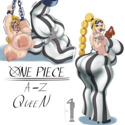 1boy 1girl absurdres arm_tattoo arms_up ass blonde_hair breasts cigarette clothed_sex clothes colored_skin genderswap genderswap_(mtf) grey_skin hetero highres huge_ass large_breasts lipstick long_hair looking_at_viewer makeup one_piece open_mouth penis purple_lips queen_(one_piece) restrained sex size_difference sunglasses sunglasses_on_head sunnysundown tattoo torn_clothes vaginal rating:Explicit score:64 user:xAkira