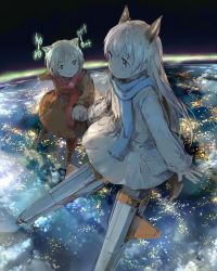 2girls animal_ears cat_ears city_lights earth_(planet) eila_ilmatar_juutilainen fox_ears fox_tail green_eyes highres hirschgeweih_antennas holding_hands jacket light_smile long_hair multiple_girls official_alternate_costume planet purple_eyes rhodomina sanya_v._litvyak scarf short_hair sketch strike_witches striker_unit tail white_hair world_witches_series rating:Sensitive score:7 user:danbooru