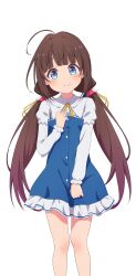 1girl absurdres ahoge blue_dress blue_eyes blush brown_hair cowboy_shot dress frilled_shirt frills hair_ribbon hand_on_own_chest hand_up highres hinatsuru_ai legs long_hair long_sleeves low_twintails na-suke neck_ribbon puffy_long_sleeves puffy_sleeves ribbon ryuuou_no_oshigoto! shirt simple_background smile solo twintails very_long_hair white_background white_shirt yellow_ribbon rating:General score:11 user:danbooru