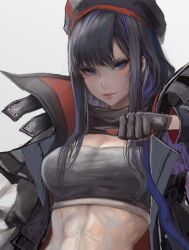  1girl abs beret black_gloves black_hair black_jacket black_sports_bra blush breasts cleavage colored_inner_hair eunhwa_(nikke) eunhwa_(tactical_upgrade)_(nikke) gloves goddess_of_victory:_nikke hat highres jacket kyel_hyde long_hair looking_at_viewer medium_breasts midriff mole mole_under_mouth multicolored_hair muscular muscular_female official_alternate_costume open_clothes open_jacket parted_lips purple_eyes purple_hair simple_background solo sports_bikini sports_bra upper_body 