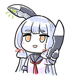  1girl black_gloves blunt_bangs blunt_tresses dress gloves grey_hair hair_ribbon headgear holding kantai_collection long_hair murakumo_(kancolle) noba_(ne83ko61) orange_eyes phone ribbon sailor_dress short_eyebrows sidelocks smile solo tress_ribbon 
