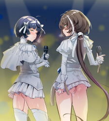  2girls ahoge aru_(sinsekai) ass asu_(sinsekai) blue_hair blurry blush bokeh bow brown_hair capelet clenched_teeth commission cowboy_shot depth_of_field from_behind gloves green_eyes hair_bow hairband high_collar highres holding holding_microphone juliet_sleeves legs_apart light_frown long_hair long_sleeves looking_at_viewer looking_back low-tied_long_hair microphone microskirt miniskirt multicolored_hair multiple_girls nanaichi no_panties pleated_skirt profile public_indecency public_vibrator puffy_sleeves pussy_juice pussy_juice_trail second-party_source sex_toy shirt short_hair side-by-side sideways_glance sinsekai_studio skirt sleeves_past_wrists stained_clothes standing streaked_hair teeth thighhighs vibrator vibrator_in_thighhighs vibrator_under_clothes virtual_youtuber white_bow white_capelet white_gloves white_hair white_hairband white_shirt white_skirt white_thighhighs yellow_eyes 