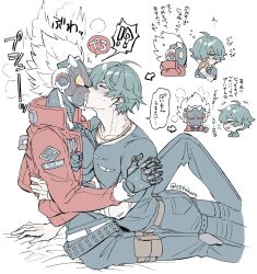  !? 2boys ahoge arrow_(symbol) artist_name bandaged_arm bandages belt billy_kid black_belt black_pants black_shirt blush brown_belt chibi collarbone commentary_request cropped_jacket drunk flustered full-face_blush green_eyes green_hair hair_over_one_eye highres humanoid_robot jacket jewelry kiss knee_up lighter_(zenless_zone_zero) long_sleeves looking_at_another male_focus multiple_boys multiple_views necklace nose_blush one_eye_covered pants parted_bangs pouch red_jacket robot robot_boy s54nkasn scar scar_on_arm scar_on_neck shirt short_hair short_sleeves simple_background sitting speech_bubble spiked_hair studded_belt sweat sweatdrop thigh_pouch thigh_strap tongue tongue_out torn_clothes torn_shirt translation_request twitter_username white_background white_hair wide-eyed yaoi yellow_eyes zenless_zone_zero 