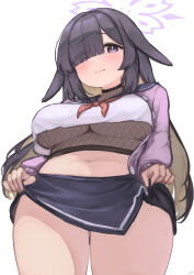  1girl absurdres blonde_hair blue_archive blush breasts cardigan clothes_lift colored_inner_hair crop_top fishnet_top fishnets floppy_ears from_below hair_over_one_eye halo highres large_breasts midriff multicolored_hair navel one_eye_covered open_cardigan open_clothes purple_eyes purple_hair purple_sweater rabbit_ears school_uniform serafuku skirt skirt_lift solo standing sweater teruriu thigh_gap thighs tsukuyo_(blue_archive) underboob white_background  rating:Questionable score:4 user:Odrum2